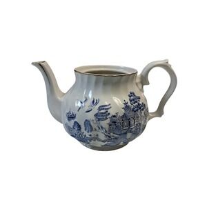 Robinson Design Group Small White Blue Work Gold Trim Teapot  Tea Missing Top